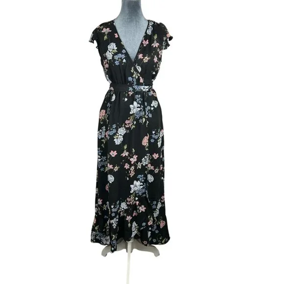 BO.G Collective Floral Wrap Maxi Dress Black/Blue Small With Flutter Sleeves NWT - Picture 1 of 16